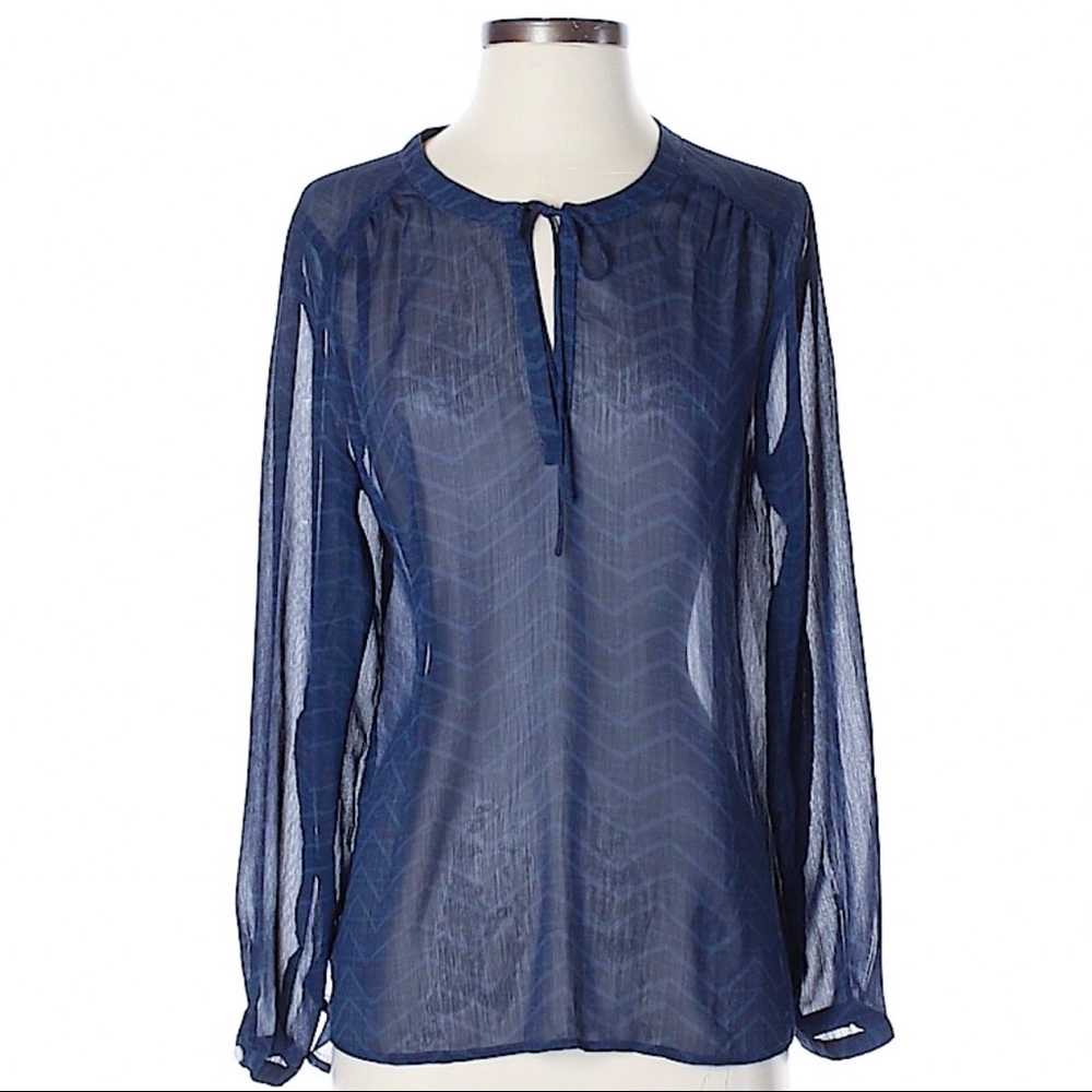 🔥 GAP Peasant Top Sheer Blue Chiffon Zigzag S